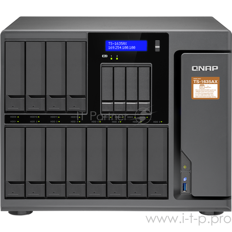 Сетевое хранилище без дисков SMB QNAP TS-1635AX-8G 16-Bay NAS, Marvell ARMADA 8040 ARMv8 Cortex-A72 quad-core 1.6GHz, 8GB DDR4 Long-DIMM RAM (max 16GB), SATA 6Gb/s, 12x 3.5/2.5 HDD/SSD bays + 4x 2.5 SSD bays + 2x M.2 2280 SATA slots, 2x 10GbE SFP+ LA