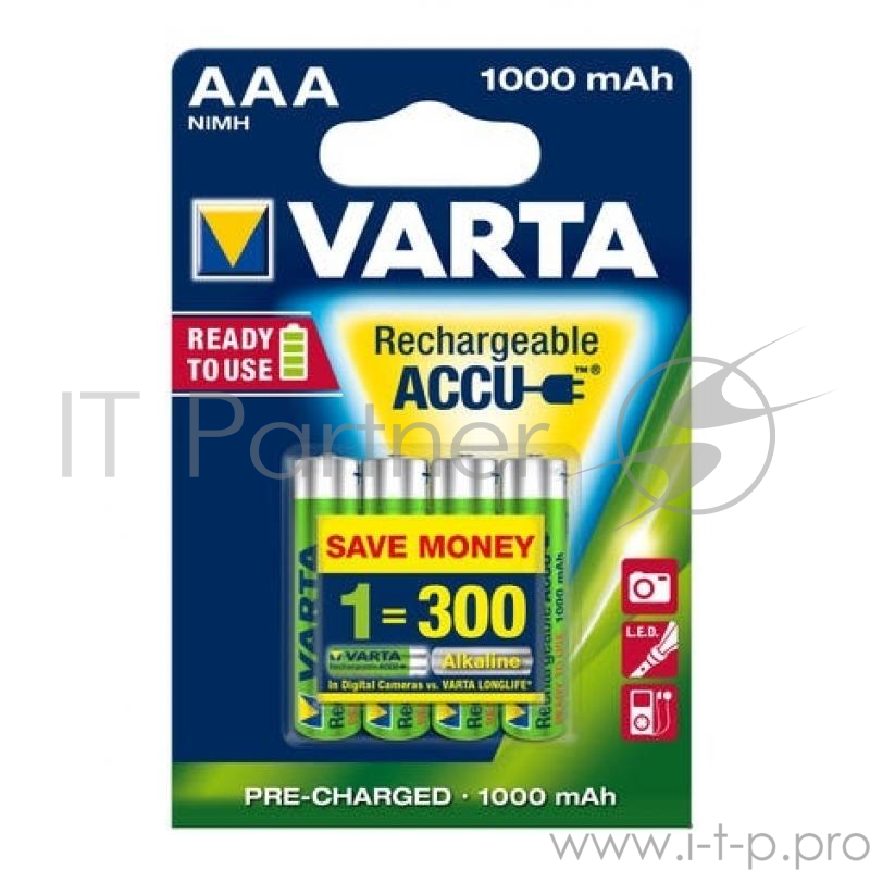 Аккумуляторы VARTA ACC.R2U/RECH.A.POW.AAA1000мАч бл. 4 (рус.)