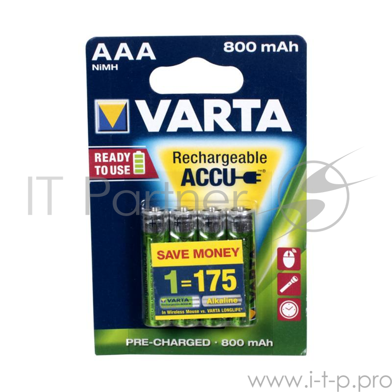 Аккумуляторы VARTA ACC.R2U/RECH.A.POW.AAA 800мАч бл. 4 (рус.)