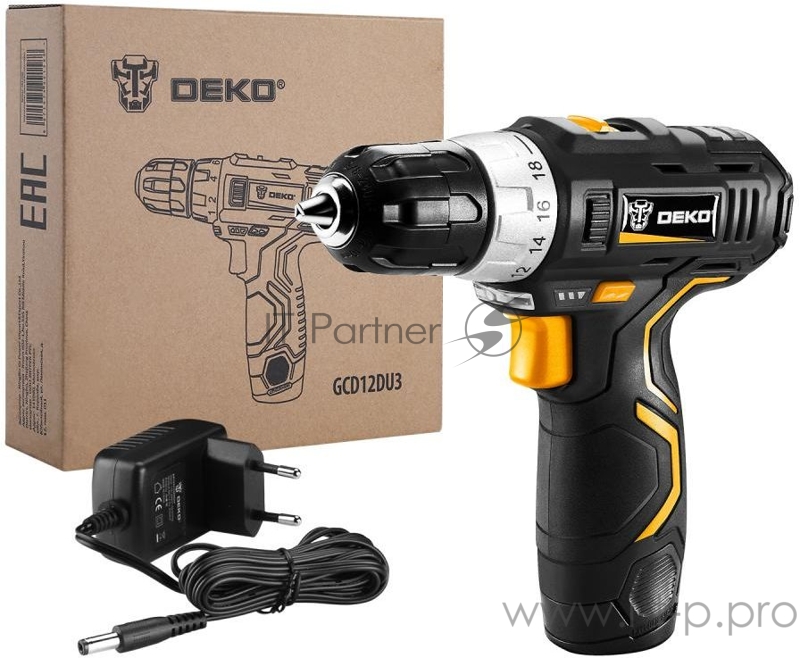 Акк. дрель DEKO GCD12DU3 (063-4096) 12 В/1,5 Ач, Li-Ion, 1500 об/мин, БЗП 10 мм, 1,02 кг