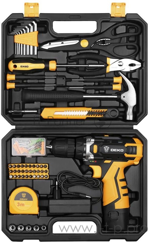 Акк. дрель DEKO DKCD12FU-Li (063-4104) акк 12В/1.5 Ач, патрон БЗП 3/8, с оснасткой в кейсе