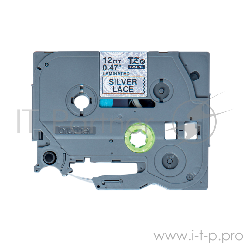 Лента Brother TZe-MPSL31 для печати наклеек черным на фоне серебристого орнамента в виде кружева, ширина 12 мм