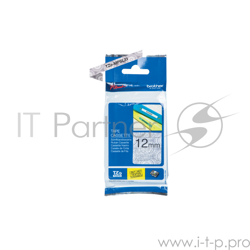 Лента Brother TZe-MPSL31 для печати наклеек черным на фоне серебристого орнамента в виде кружева, ширина 12 мм