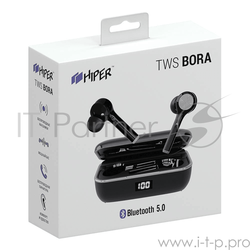 Наушники HIPER Беспроводные наушники HIPER TWS BORA HDX Bluetooth 5.0 гарнитура Li-Pol 2x50mAh+800mAh, LCD, металл, серый