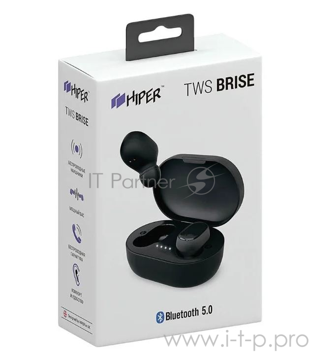 Наушники HIPER Беспроводные TWS BRISE Bluetooth 5.0 гарнитура Li-Pol 2x50mAh+400mAh черный