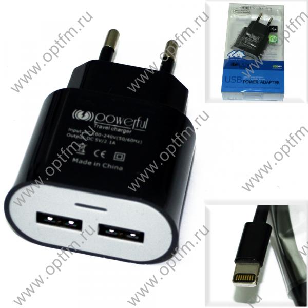 СЗУ Apple 8pin/lightning 2,1A (2 выхода) Powerful черный (провод разъемный)