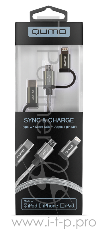 Кабель Qumo MFI 22036 Type-C+Apple 8 pin+Micro (1м, в оплетке, стальные коннекторы)