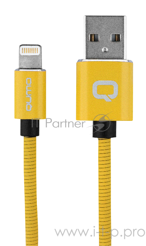 Кабель Qumo, MFI С48, USB-Apple 8 pin (1м, 5В, 2,4A, 12Вт, опл. металл. пружинка, кон. металл, желтый)