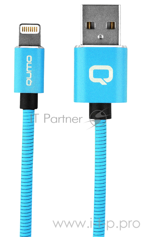 Кабель Qumo, MFI С48, USB-Apple 8 pin (1м, 5В, 2,4A, 12Вт, опл. металл. пружинка, кон. металл, голубой)