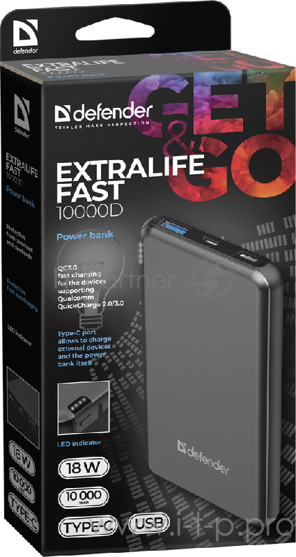 Внешний аккумулятор ExtraLife Fast 10000D USB: QC3.0, Type-C/PD,10000mAh DEFENDER