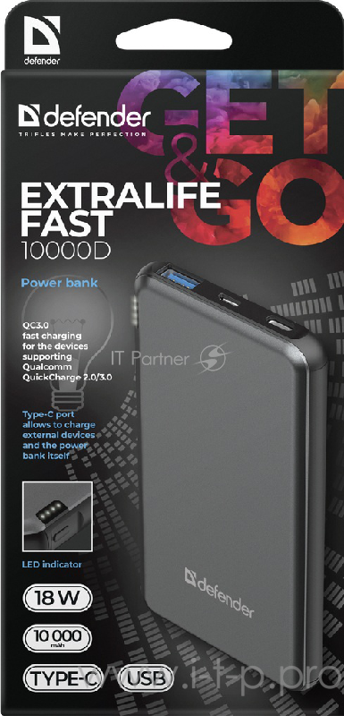 Внешний аккумулятор ExtraLife Fast 10000D USB: QC3.0, Type-C/PD,10000mAh DEFENDER