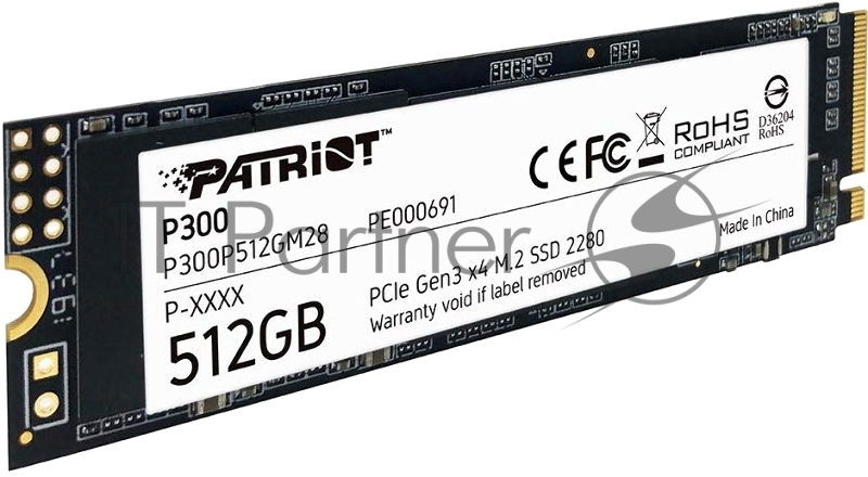 SSD M.2 Patriot 512Gb P300 <P300P512GM28> (PCI-E 3.0 x4, up to 1700/1200MBs, 260000 IOPs, 3D QLC, SMI2263XT, TBW 160Tb, 22х80mm)