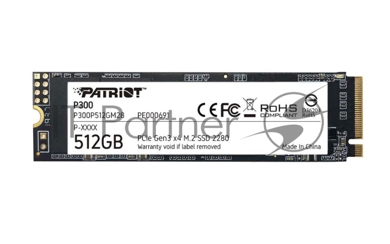 SSD M.2 Patriot 512Gb P300 <P300P512GM28> (PCI-E 3.0 x4, up to 1700/1200MBs, 260000 IOPs, 3D QLC, SMI2263XT, TBW 160Tb, 22х80mm)