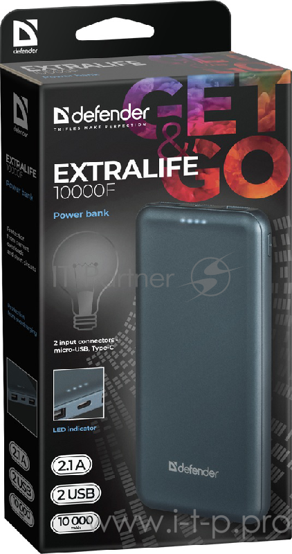 Внешний аккумулятор ExtraLife 10000F 2xUSB,2.1A,10000mAh,2 входа DEFENDER