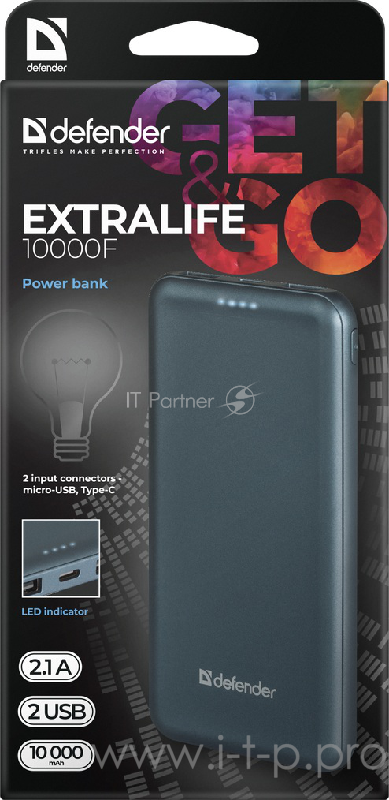 Внешний аккумулятор ExtraLife 10000F 2xUSB,2.1A,10000mAh,2 входа DEFENDER