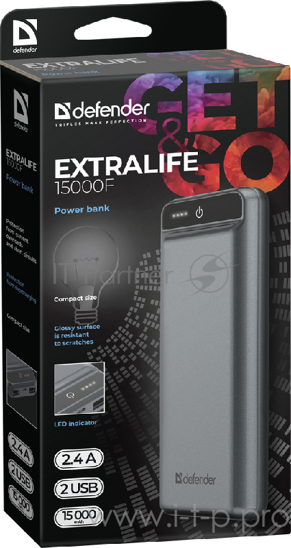 Внешний аккумулятор ExtraLife 15000F 2USB, 15000mAh, 2.1A DEFENDER