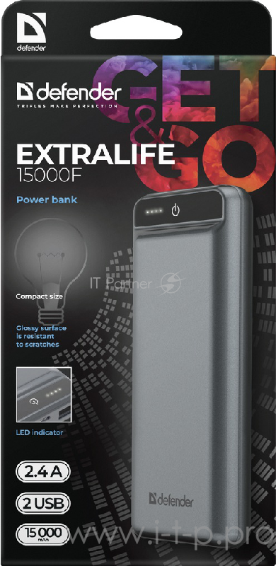 Внешний аккумулятор ExtraLife 15000F 2USB, 15000mAh, 2.1A DEFENDER