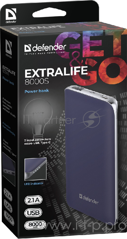 Внешний аккумулятор ExtraLife 8000S 1USB, 8000mAh, 2.1A,2 входа DEFENDER