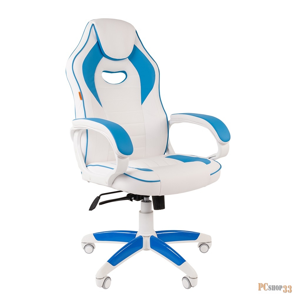 Chairman game 16 белый/голубой Игровое кресло (экокожа, регулируемый угол наклона, механизм качания)