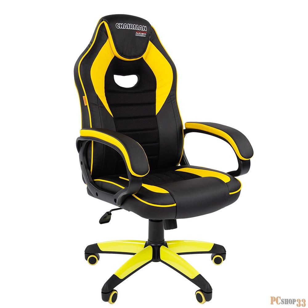 Игровое кресло Chairman game 16 чёрный/жёлтый (экокожа, регулируемый угол наклона, механизм качания)