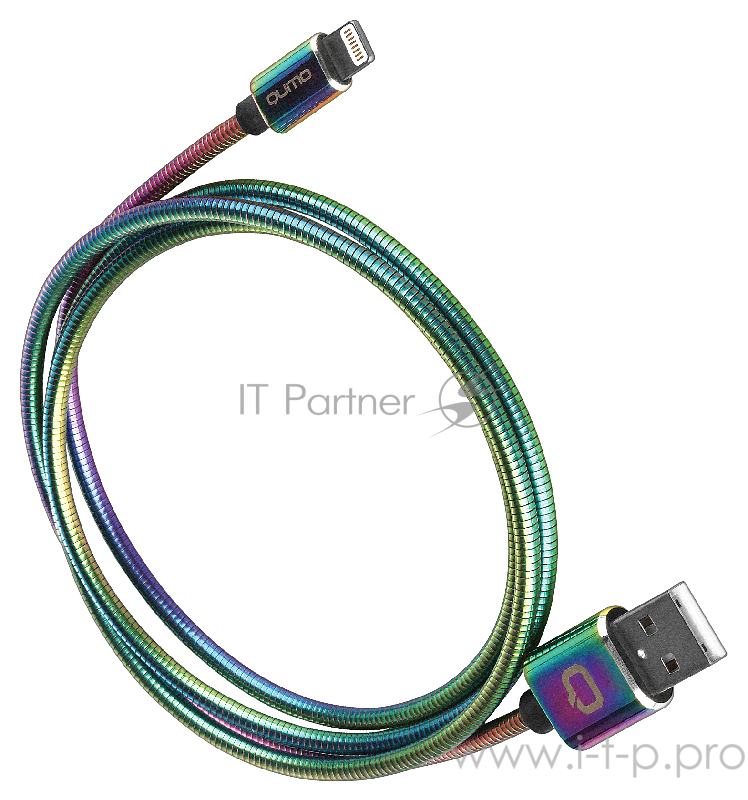 Кабель Qumo, MFI С48, USB-Apple 8 pin, 1м, 5В, 2,4A, 12Вт, опл. металл. пружинка, кон. металл, rainbow