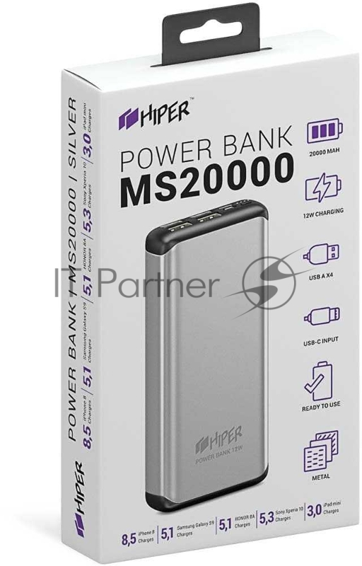 Внешний аккумулятор HIPER MS20000 Li-Pol 20000 mAh Aluminum 2.4A+1.5A 4xUSB 1xType-C серебристый