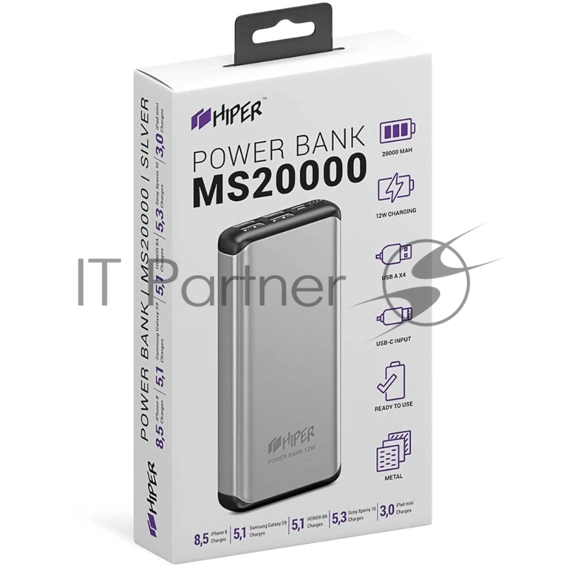 Внешний аккумулятор HIPER MS20000 Li-Pol 20000 mAh Aluminum 2.4A+1.5A 4xUSB 1xType-C серебристый