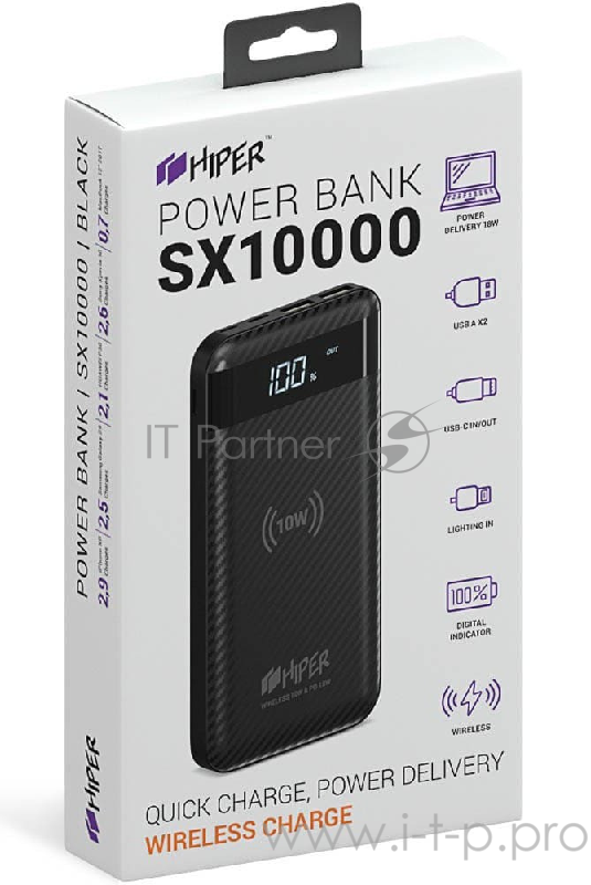 Внешний аккумулятор с беспроводной зарядкой HIPER SX10000 Li-Pol 10000 mAh, LED Screen QC+PD+Qi 10Вт