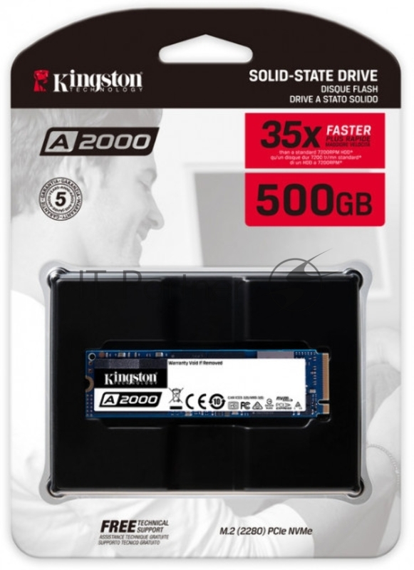 SSD M.2 Kingston 500Gb A2000 Series <SA2000M8/500G> (PCI-E 3.0 x4, up to 2200/2000Mbs, 200000 IOPS, 3D TLC, NVMe, AES-256, 350TBW, 22х80mm)