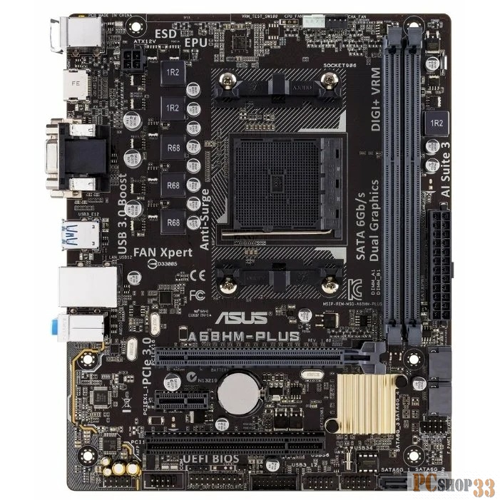 Материнская плата ASUS A68HM-PLUS <Socket-FM2+, AMD A68H, 2xDDR3, PCI+ PCI-E+ PCI-E 16x, 4xSATA (Raid 0/1/10), HDMI+DVI+