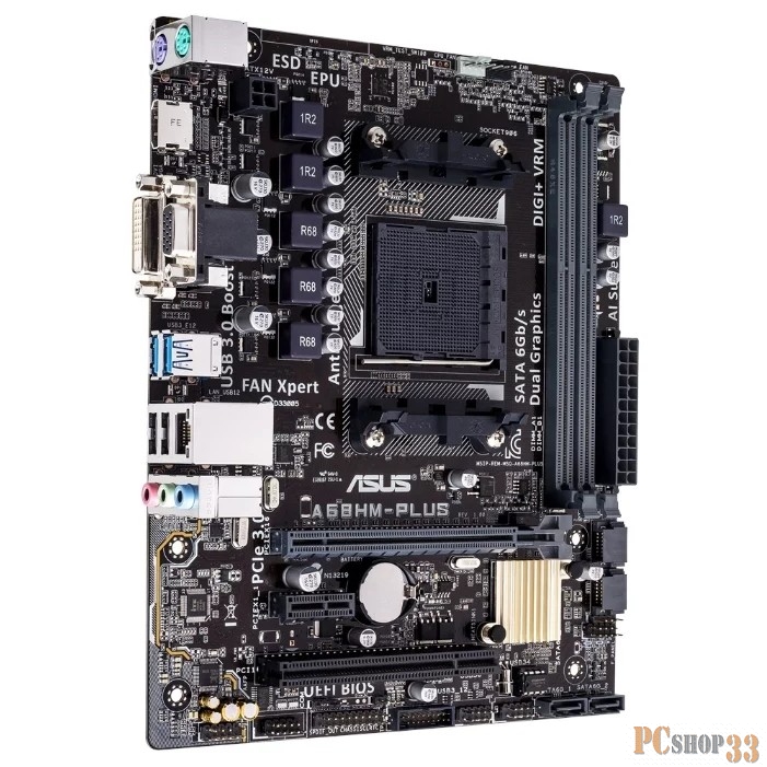 Материнская плата ASUS A68HM-PLUS <Socket-FM2+, AMD A68H, 2xDDR3, PCI+ PCI-E+ PCI-E 16x, 4xSATA (Raid 0/1/10), HDMI+DVI+