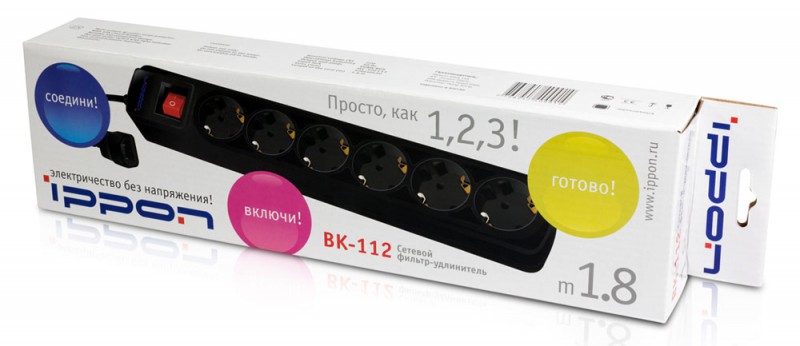 Сетевой фильтр Ippon BK112 1.8м (6 розеток) черный (коробка)