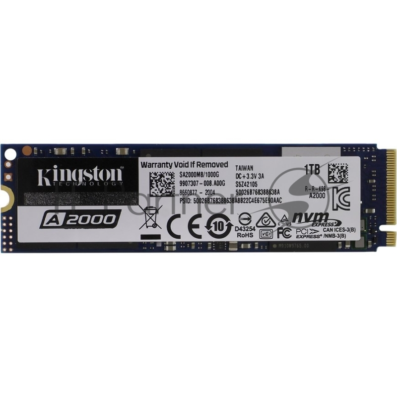 SSD M.2 Kingston 1.0Tb A2000 Series <SA2000M8/1000G> (PCI-E 3.0 x4, up to 2200/2000Mbs, 220000 IOPS, 3D TLC, NVMe, AES-256, 600TBW, 22х80mm)