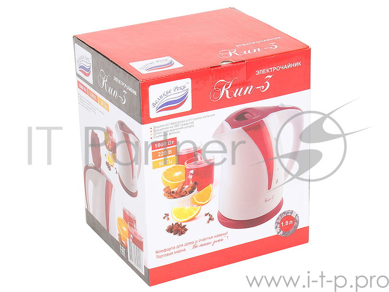 Чайник электрический Великие реки Кип-3 пластиковый корпус, 1,8 л, 1800 Вт, подсветка