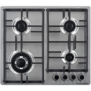 Газовая варочная поверхность Kuppersberg, ширина 60 см, 4 газовые конфорки, WOK конфорка(3,8 кВт), автоподжиг, газ-контроль, чугунные решетки, цвет нержавеющая сталь