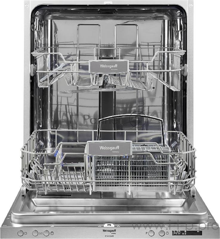 Встраиваемые посудомоечная машина Weissgauff BDW 6043 D, ширина 60 см, 81.5x59.8x55 см, 14 комплектов, 4 программы:Авто, Экономичная, Стекло, Быстрая, электронное управление, LED индикация и дисплей, Выдвижная корзина для столовых приборов на верхнем