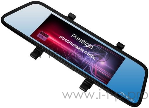 Видеорегистратор Prestigio PCDVRR410DL RoadRunner 410DL, 6.86 (1280x480) touch display, Dual camera: front - FHD 1920x1080@30fps, HD 1280x720@30fps, rear - VGA 640x480@30fps, CPU SSC8336, 2 MP CMOS GC2063 image sensor, 12 MP camera, 100° Viewing Angl
