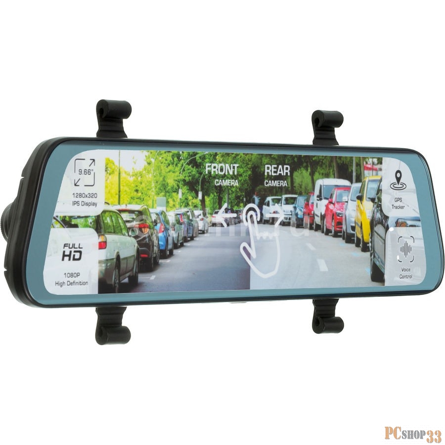 Видеорегистратор Prestigio RoadRunner 450GPSDL, 9.66 IPS (1280x320) 2.5D curved touch display, Dual camera: front - FHD 1920x1080@30fps, HD 1280x720@30fps, rear - VGA 1920x1080@30fps, MSC8339D, 2 MP CMOS SC2363 front image sensor, 12 MP camera, 120°