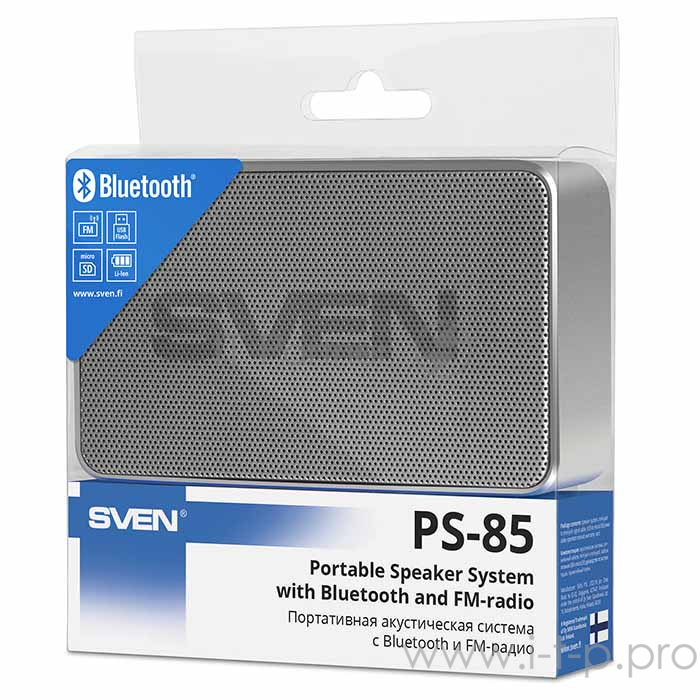 Портативная колонка SVEN PS-85, серебро (5 Вт, Bluetooth, FM, USB, microSD, 600мА*ч)