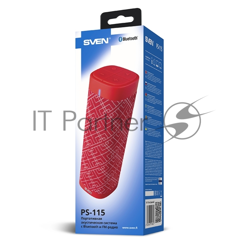 Портативная колонка SVEN PS-115, красный (10 Вт, TWS, Bluetooth, FM, USB, microSD, 1800мА*ч)