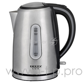 Чайник электрический DELTA LUX DE-1000 нерж.,черный,со СЪЁМНЫМ ФИЛЬТРОМ, с ОКНОМ : 2200Вт, 1.7л (12)