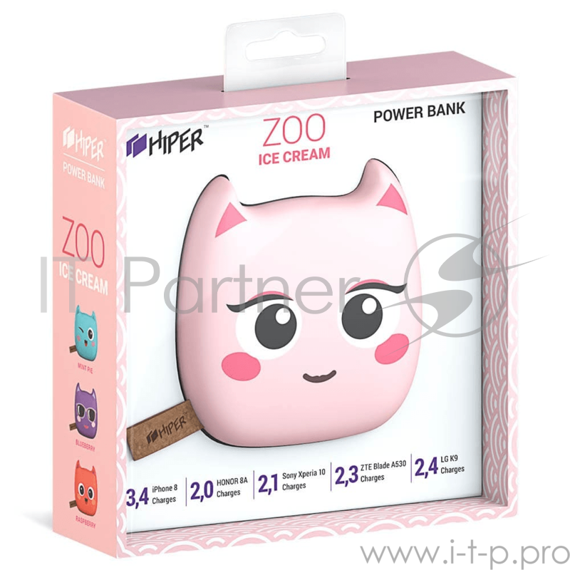 Аккумулятор HIPER Внешний аккумулятор HIPER ZOO ICE CREAM Li-Pol 8000mAh 2.4A+1.5A 2xUSB, розовый