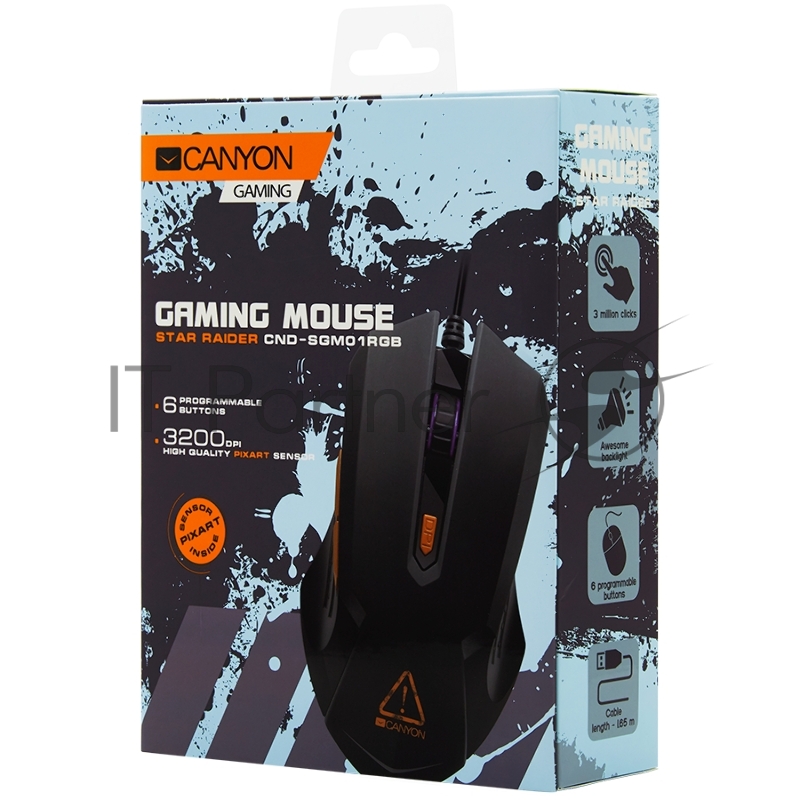 Мышь Optical Gaming Mouse with 6 programmable buttons, Pixart optical sensor, 4 levels of DPI and up to 3200, 3 million times key life, 1.65m PVC USB cable,rubber coating surface and colorful RGB lights, size:125*75*38mm, 115g