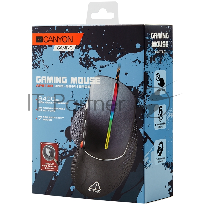 Мышь Wired High-end Gaming Mouse with 6 programmable buttons, sunplus optical sensor, 6 levels of DPI and up to 6400, 2 million times key life, 1.65m Braided USB cable,Matt UV coating surface and RGB lights with 7 LED flowing mode, size:123*81*53mm,