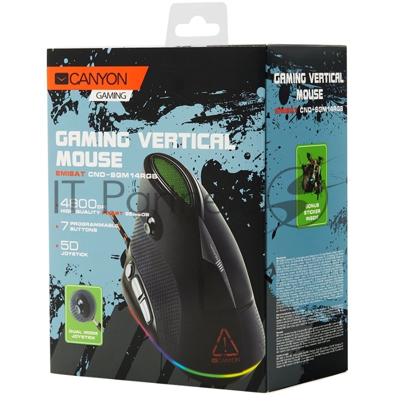 Мышь Wired Vertical Gaming Mouse with 7 programmable buttons, Pixart optical sensor, 6 levels of DPI and up to 4800, 2 million times key life, 1.65m Braided USB cable,rubber coating surface and colorful RGB lights, size:106*72*84mm, 182g