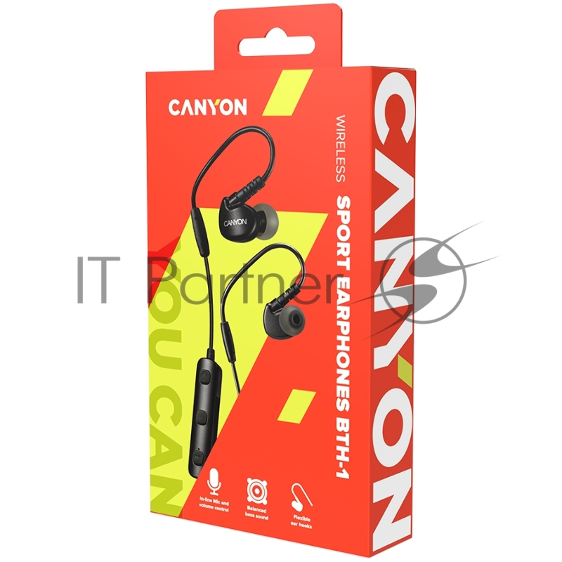 Наушники CANYON Bluetooth sport earphones with microphone, cable length 0.3m, 18*25*22mm, 0.028kg, Black