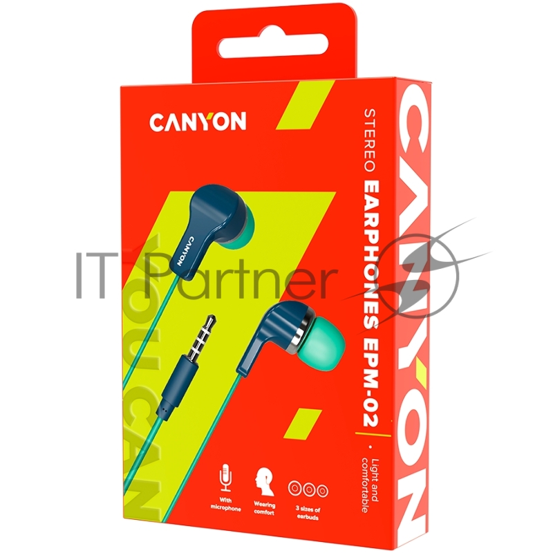Наушники CANYON Stereo Earphones with inline microphone, Green+Blue, cable length 1.2m, 20*15*10mm, 0.013kg
