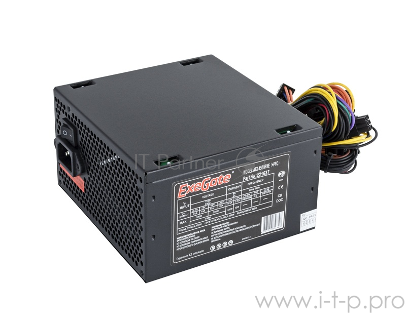 Блок питания 450W ExeGate 450NPXE(+PFC), ATX, PC, black, 12cm fan, 24p+4pi, 6/8p PCI-E, 3*SATA,2*IDE,FDD + кабель 220V в комплекте