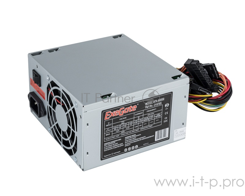 Блок питания 500W ExeGate AB500, ATX, PC, 8cm fan, 24p+4p, 3*SATA, 2*IDE, FDD + кабель 220V в комплекте