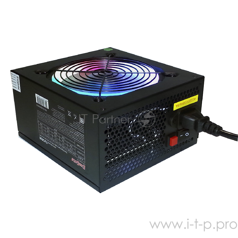 Блок питания 600W ExeGate EVO600, ATX, PC, RGB, black, APFC, 12cm, 24p+(4+4)p, PCI-E, 5*SATA, 3*IDE, FDD + кабель 220V в комплекте
